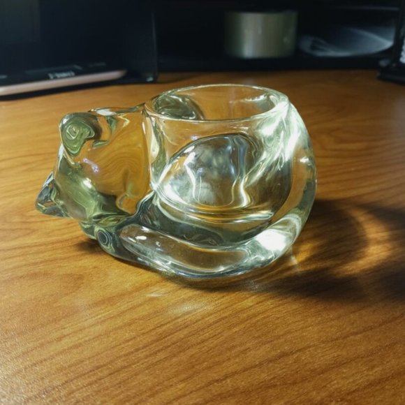 Vintage AVON SLEEPING CAT Clear Glass Votive Tealight Candle Holder 1980 4.5x2.5 - Picture 3 of 10